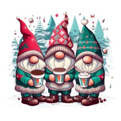 christmas theme, funny cute 3 gnomes, dressed in sweaters drinking cocoa