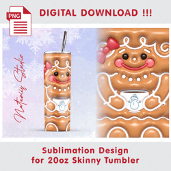 3D Inflated Puff Christmas Gingerbread - Seamless Sublimation Pattern - 20oz SKINNY TUMBLER - Full Wrap