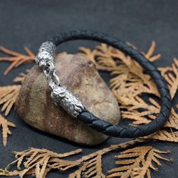 bears bracelet, sterling silver and leather, animal lover gift, unique jewelry, made to order