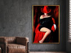 fashion girl canvas painting, woman in red hat canvas painting, wall art canvas design,framed canvas ready to hang