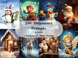 250 christmas midjourney prompts used for t-shirt designs, guide book for christmas party, midjourney prompts