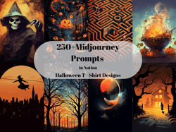 250 halloween midjourney prompts used for t-shirt designs, guide book for halloween party, midjourney prompts