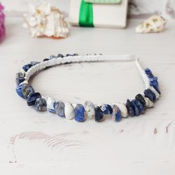 sodalite hair jewelry, handmade hairband adult, boho wedding tiara crown, blue hair piece, bead gemstone headpiece bride