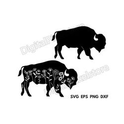 bison silhouette svg,bison svg,bison silhouette with wildflowers,bison png,bison cricut,bison cut files, bison vector,di