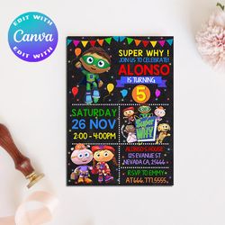 super why invitation, chalkboard super why birthday, super why editable invitation, super why invite, super why party fa