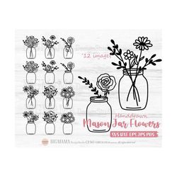 mason jars flowers bundle svg,floral,mason bottle,glass jars,monogram frame,vase,name,outline,jars clipart,dxf,png,insta