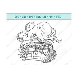 octopus svg, octopus on chest svg, octopus tentacles svg, treasure chest svg, octopus pirate svg, octopus clipart, png,