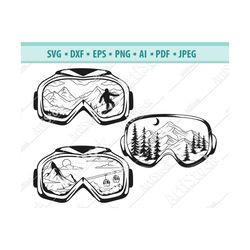 snowboard googles svg, winter svg, skiing svg, ski glasses svg, mountain scene svg, forest svg, snow sports svg, silhoue