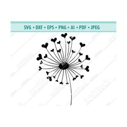 dandelion with heart svg digital cut file, dandelion flower svg, eps .png instant digital clipart vector cricut cut cutt