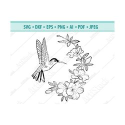 hummingbird svg file, hummingbird wreath svg file, hummingbird silhouette cut file, hummingbird clip art, flower wreath