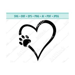 dog paw heart svg, paw print svg, dog svg, digital cut file for silhouette and cricut, cat paw, cut file for silhouette,