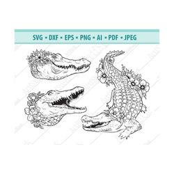 flower crocodile svg, alligator with flowers svg, alligator svg, floral amphibian svg, alligator clipart, alligator cut