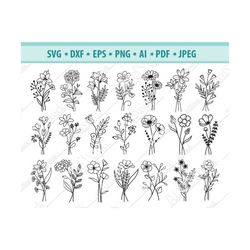 flower svg files, field flowers svg, wildflowers svg, flower branches svg, leaf svg, flower doodles svg, floral bundle s