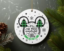 Mickey Green Plaid Its the Most Wonderful Time Of The Year Christmas Ceramic Ornament