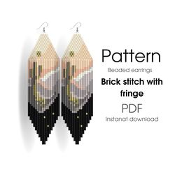 beaded earrings pattern for brick stitch with fringe - nature, mountains, cactus - instant download