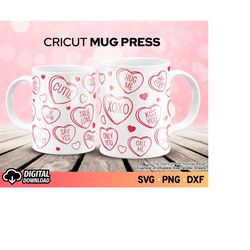 cricut mug press svg hearts, conversation heart valentine's mug svg, candy hearts wrap svg, coffee mug wrapping svg, svg