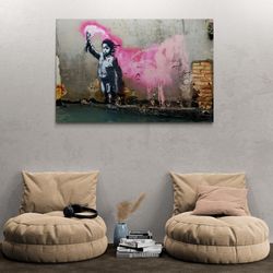 banksy migrant child wall art, banksy framed canvas, graffiti wall art, banksy child art, street canvas, banksy canvas,