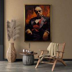 the godfather framed canvas, don vito corleone, watercolor effect canvas, film artist canvas, large artwork, gangster wh