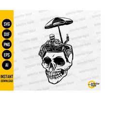 tropical skull svg | beach skeleton svg | summer chill relax beer umbrella drink | cut files cuttable clipart vector dig