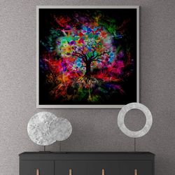 tree of life wall art, tree framed canvas, colorful wall art, tree of life canvas, colorful tree framed canvas, black fr