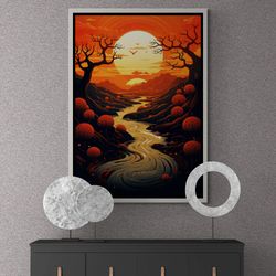 unique sunset wall art, abstract framed canvas, nature surreal wall art, landscape canvas, forest art, abstract sunset s