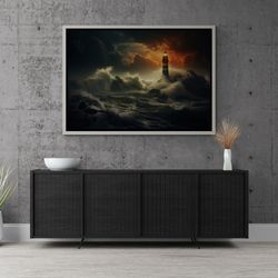 wavy sea wall art, lighthouse framed canvas, gloomy sky canvas, lighthouse wall art, masterpiece art, seascape wall art,