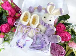 baby gift box, baby rattle, stroller toy, baby toys set, 6 month baby toys, bunny crochet toy, bunny gift set, baby toys