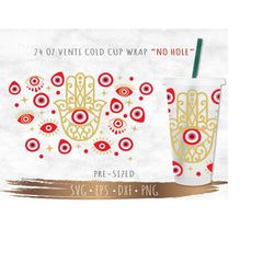 no hole full wrap evil eye diy for 24oz cold cup, svg cut file for cricut or silhouette, digital download