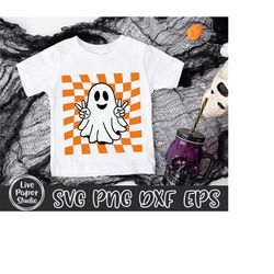 retro checkered peace ghost svg, halloween svg, cute ghost, spooky season svg, halloween shirt, spooky babe svg, digital