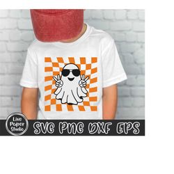 checkered peace ghost svg, boy ghost png, retro halloween shirt svg, kids costume, spooky season svg, spooky dude svg, d