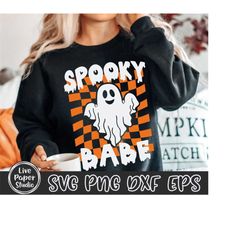 spooky babe png svg, spooky vibes svg, halloween shirt gift, spooky season svg, halloween babe, retro checkered ghost, d