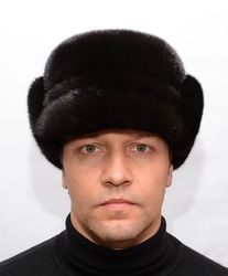 men's mink fur black winter cap finka from real mink fur and genuine leather lapel black color