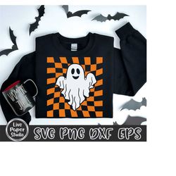 retro checkered ghost svg, ghost outline svg, checkered halloween shirt, groovy ghost sublimation png, spooky season, di