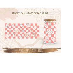 checkered happy face can glass wrap svg, diy for libbey can shaped beer glass 16 oz cut file for cricut and silhouette