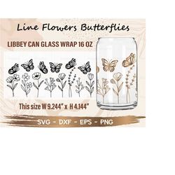 line flowers butterflies libbey can glass wrap svg, diy for libbey can shaped beer glass 16 oz cut file for cricut and s