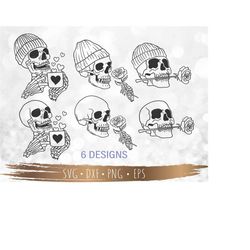 valentine skull svg, 6 designs cutting files for cricut, silhouette, png sublimation, digital download