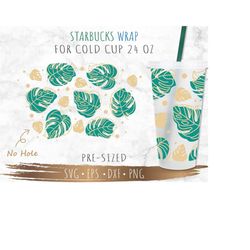 monstera leaf starbucks cup svg, tropical leaves svg, diy venti for cricut 24oz venti cold cup instant download