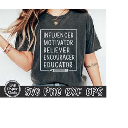 educator svg, influencer motivator believer encourager educator svg, teacher gift svg, teacher shirt, digital download p