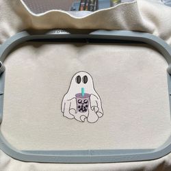 little ghost with milk tea embroidery design, spooky halloween embroidery file, boba boo embroidery design