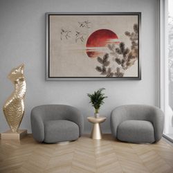 birds and sunset framed canvas, katsushika hokusai wall art, hokusai canvas, animal wall art, birds canvas, sunset gold