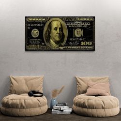 dollar money framed canvas, 100 dollar bill wall art, benjamin franklin canvas, money picture wall art, premium canvas,