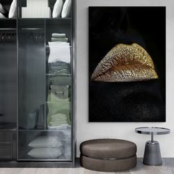 golden lips wall art, golden-lipped woman framed canvas, woman lips wall art, black woman face canvas, lips wall art, bl