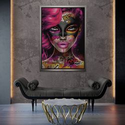 graffiti woman wall art, boom pop art, woman face framed canvas, over bed art, pop art wall art, cool girl canvas, gold