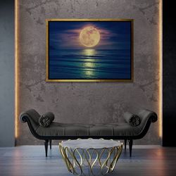 huge full moon framed canvas, moon landscape wall art, sea and moon canvas, over sea full moon, sea landscape wall art,