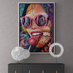 lollipop woman framed canvas, graffiti pop art, love pop art, woman pop art, lollipop pop art canvas, wall art pop art,