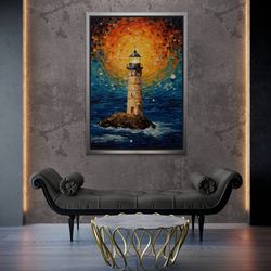 mosaic lighthouse wall art, stormy sea framed canvas, masterpiece landscape canvas, illustration canvas, large wall art,