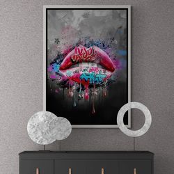 pop art lips framed canvas, lips wall art, graffiti lip wall art, modern trendy art, graffiti canvas, abstract lips whit