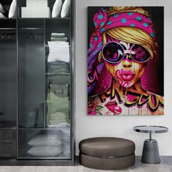 pop art woman framed canvas, graffiti woman face wall art, colorful woman face rolled canvas, pop art sexy girl canvas,