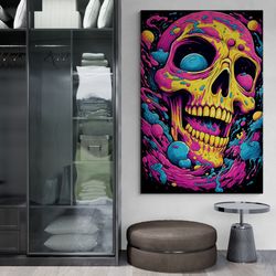 psychedelic skull framed canvas, pop art skull wall art, abstract skull canvas, skeleton wall art, pop art canvas, white