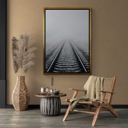 railway wall art, train track framed canvas, fog landscape wall art, railway canvas, modern wall art, landscape canvas,